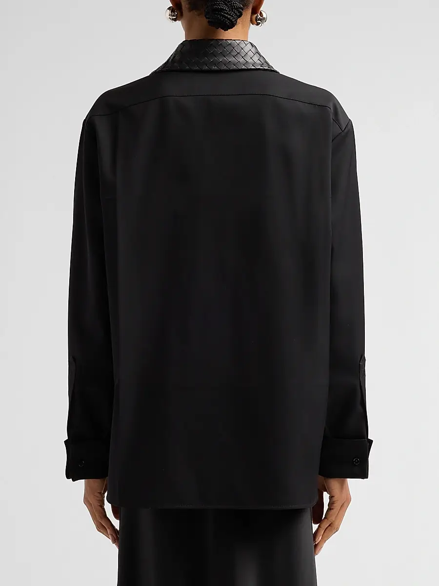 Bottega Veneta Women's Intrecciato Leather Collar Wool Shirt | Thumbnail 3 Bottega Veneta Women's Intrecciato Leather Collar Wool Shirt | Thumbnail 3