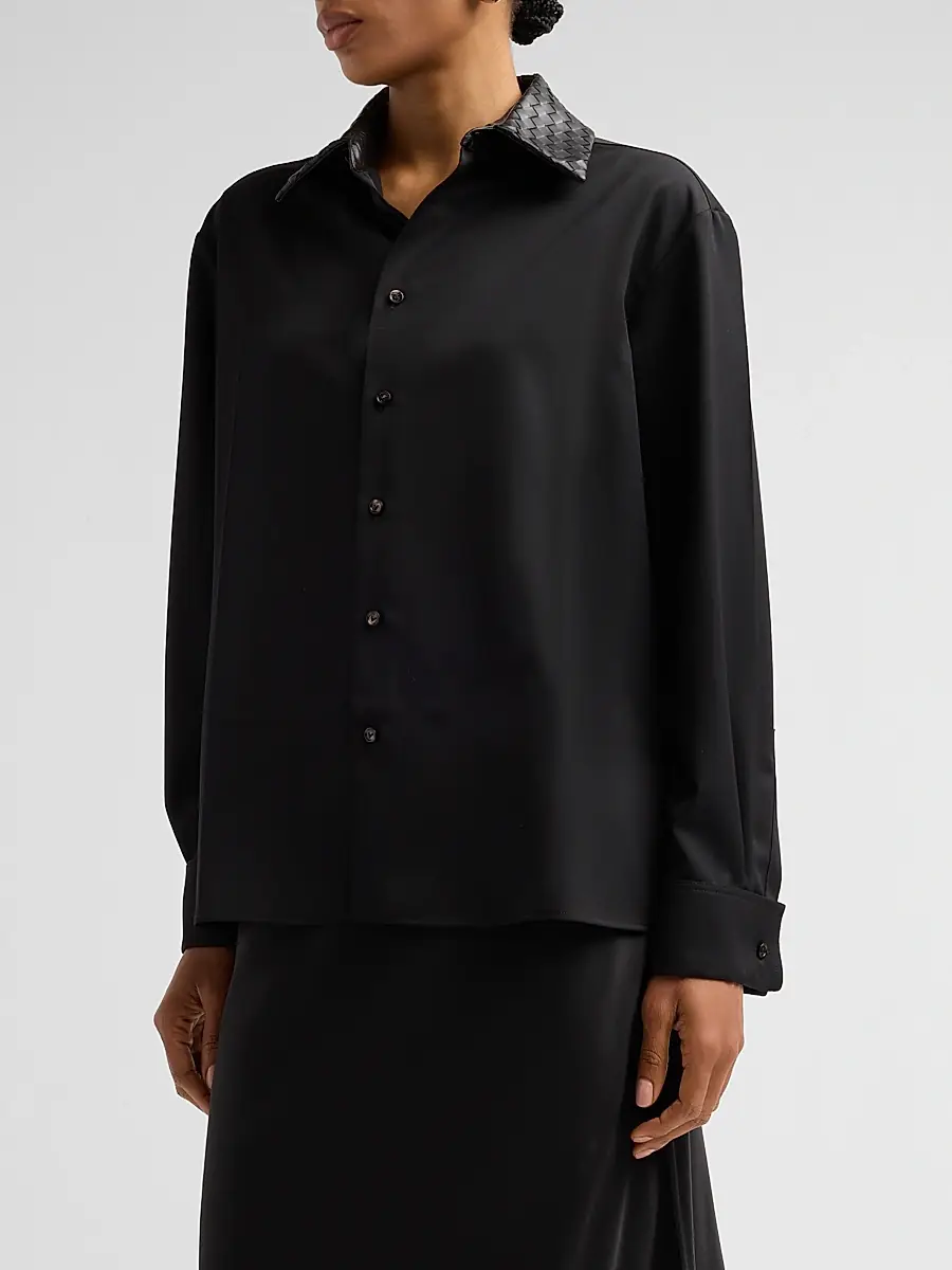Bottega Veneta Women's Intrecciato Leather Collar Wool Shirt | Thumbnail 4 Bottega Veneta Women's Intrecciato Leather Collar Wool Shirt | Thumbnail 4