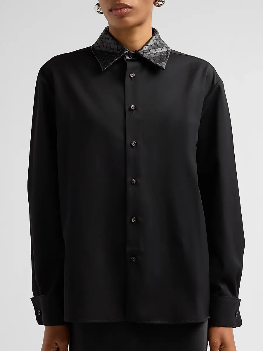 Bottega Veneta Women's Intrecciato Leather Collar Wool Shirt | Thumbnail 5 Bottega Veneta Women's Intrecciato Leather Collar Wool Shirt | Thumbnail 5