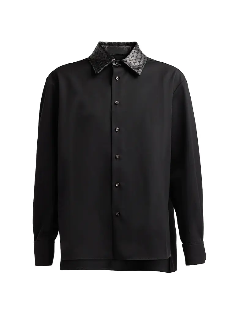 Bottega Veneta Women's Intrecciato Leather Collar Wool Shirt - Double Black - Size 12 | Image 1 Bottega Veneta Women's Intrecciato Leather Collar Wool Shirt - Double Black - Size 12 | Image 1