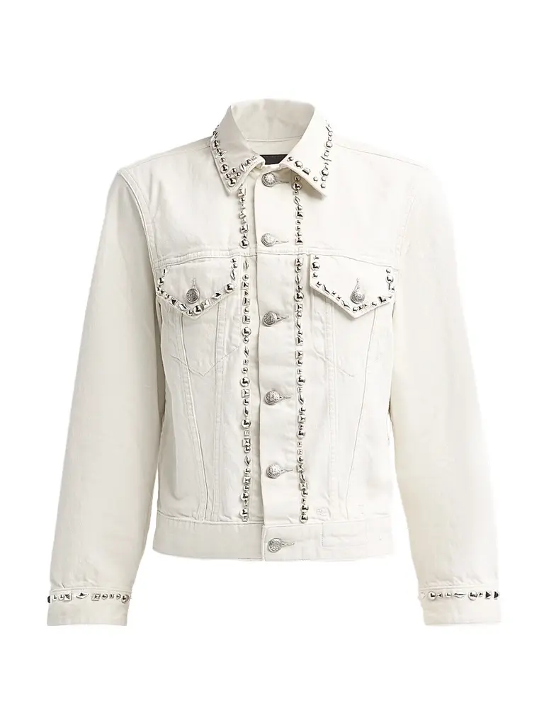 R13 Women's Shrunken Studded Trucker Jacket - Cement White | Image 1 R13 Women's Shrunken Studded Trucker Jacket - Cement White | Image 1