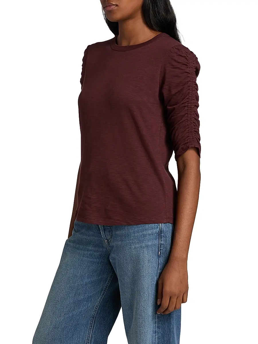 Veronica Beard Women's Waldorf Ruched-Sleeve Cotton Tee | Thumbnail 4