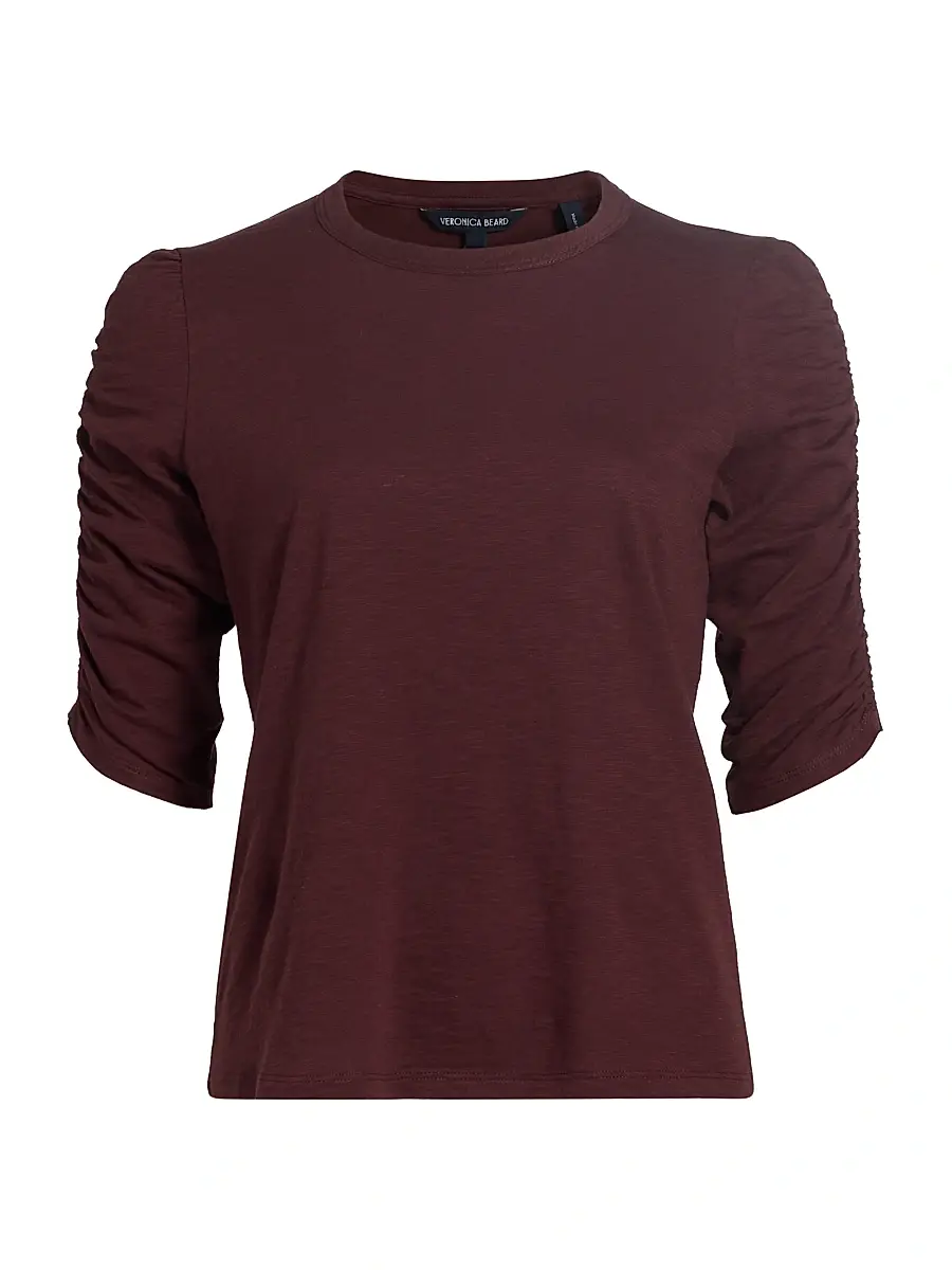 Veronica Beard Women's Waldorf Ruched-Sleeve Cotton Tee - Raisin | Image 1 Veronica Beard Women's Waldorf Ruched-Sleeve Cotton Tee - Raisin | Image 1