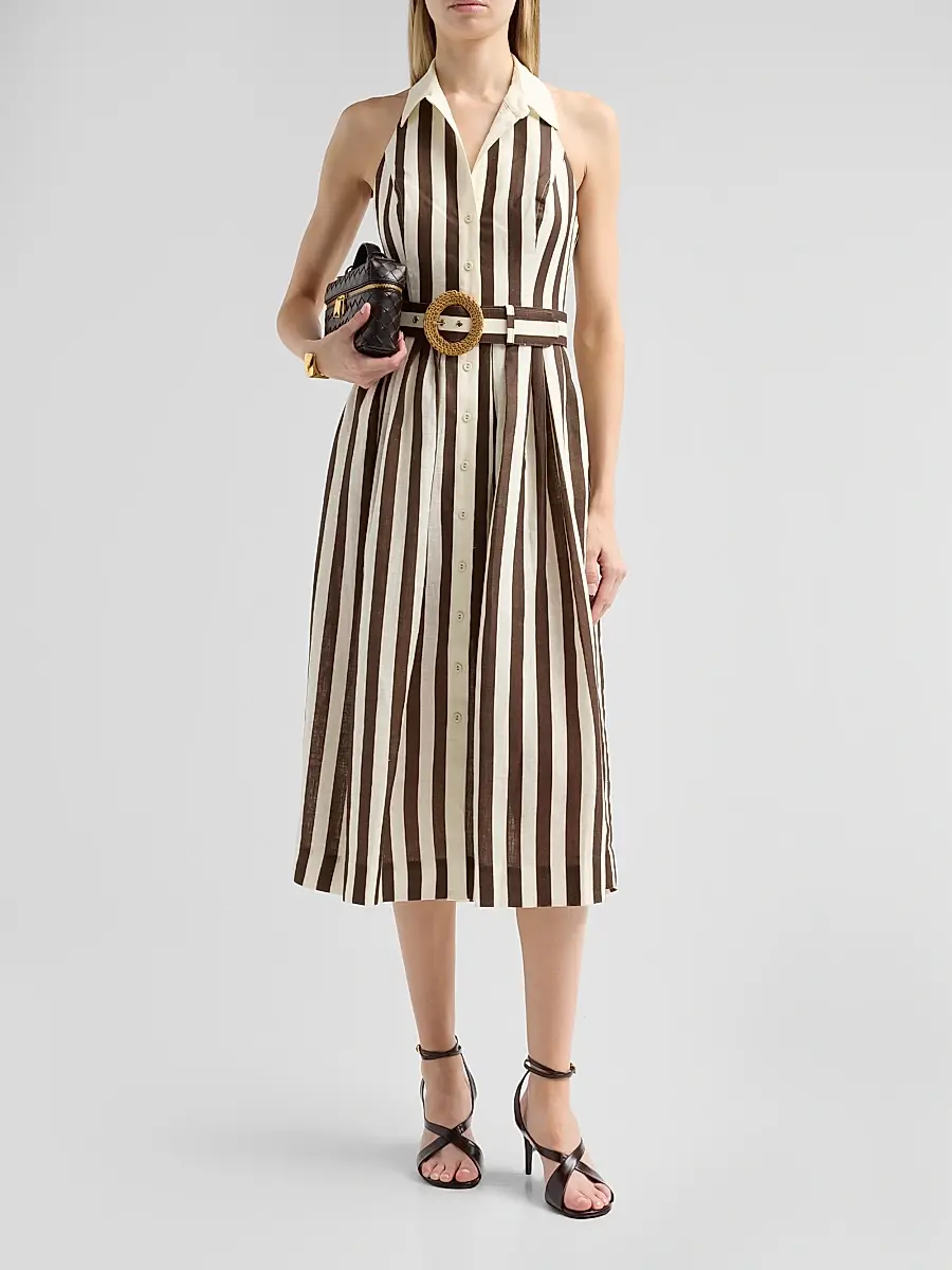 Cara Cara Women's Quentin Striped Linen Button-Front Halter Midi Dress | Thumbnail 2