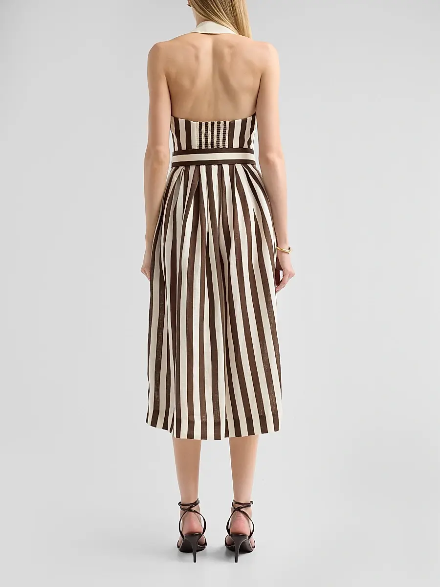Cara Cara Women's Quentin Striped Linen Button-Front Halter Midi Dress | Thumbnail 3