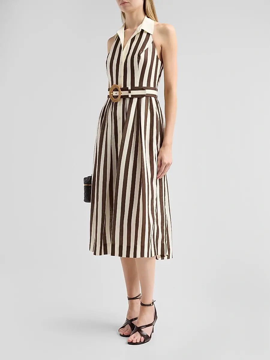Cara Cara Women's Quentin Striped Linen Button-Front Halter Midi Dress | Thumbnail 4
