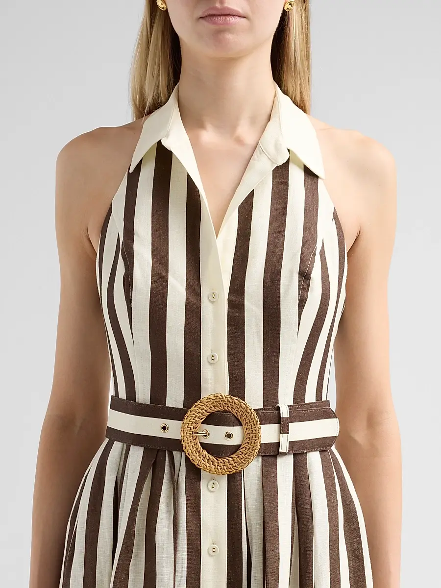 Cara Cara Women's Quentin Striped Linen Button-Front Halter Midi Dress | Thumbnail 5