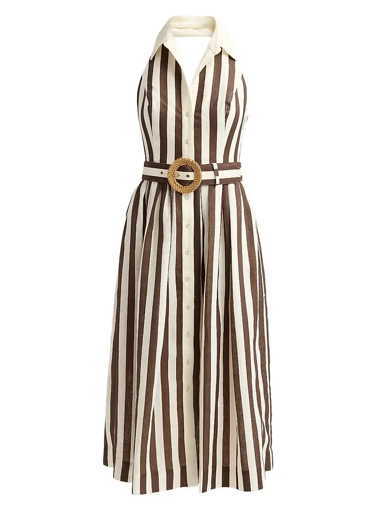 Cara Cara Women's Quentin Striped Linen Button-Front Halter Midi Dress - Brown Ivory Stripe - Size 12 | Image 1 Cara Cara Women's Quentin Striped Linen Button-Front Halter Midi Dress - Brown Ivory Stripe - Size 12 | Image 1