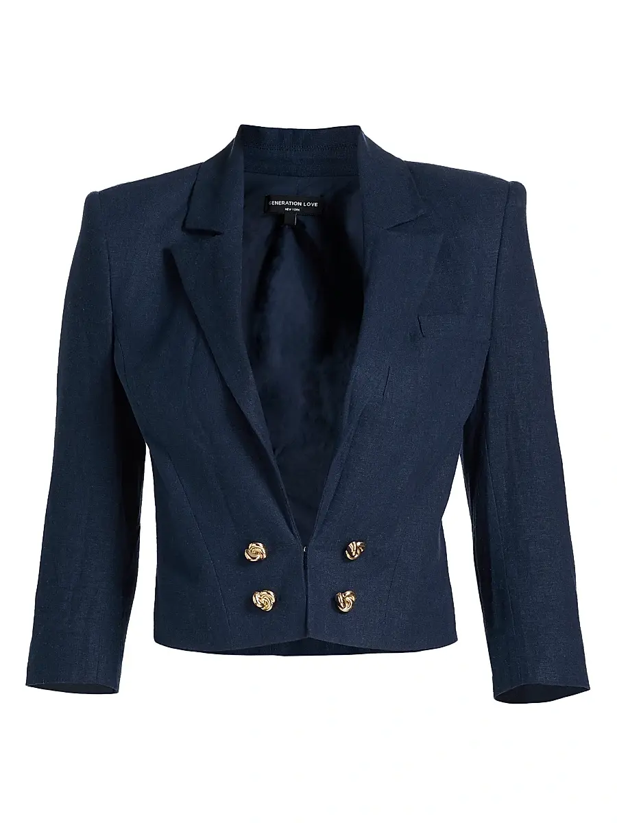 Generation Love Women's Emmeline Linen Crop Blazer - French Navy - Size Large | Image 1 Generation Love Women's Emmeline Linen Crop Blazer - French Navy - Size Large | Image 1