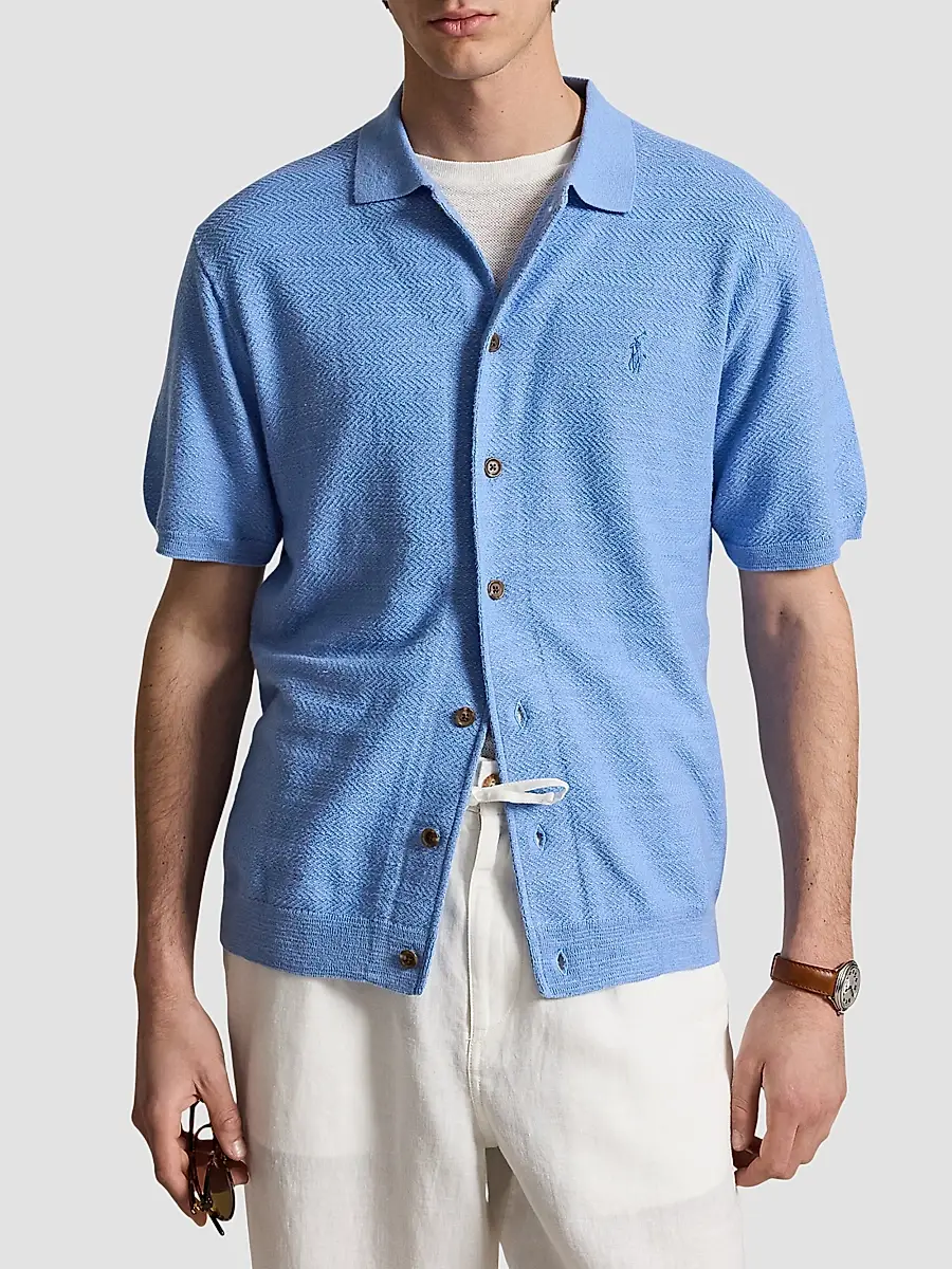 Polo Ralph Lauren Men's Herringbone Cotton-Linen Camp Shirt Sweater | Thumbnail 4 Polo Ralph Lauren Men's Herringbone Cotton-Linen Camp Shirt Sweater | Thumbnail 4
