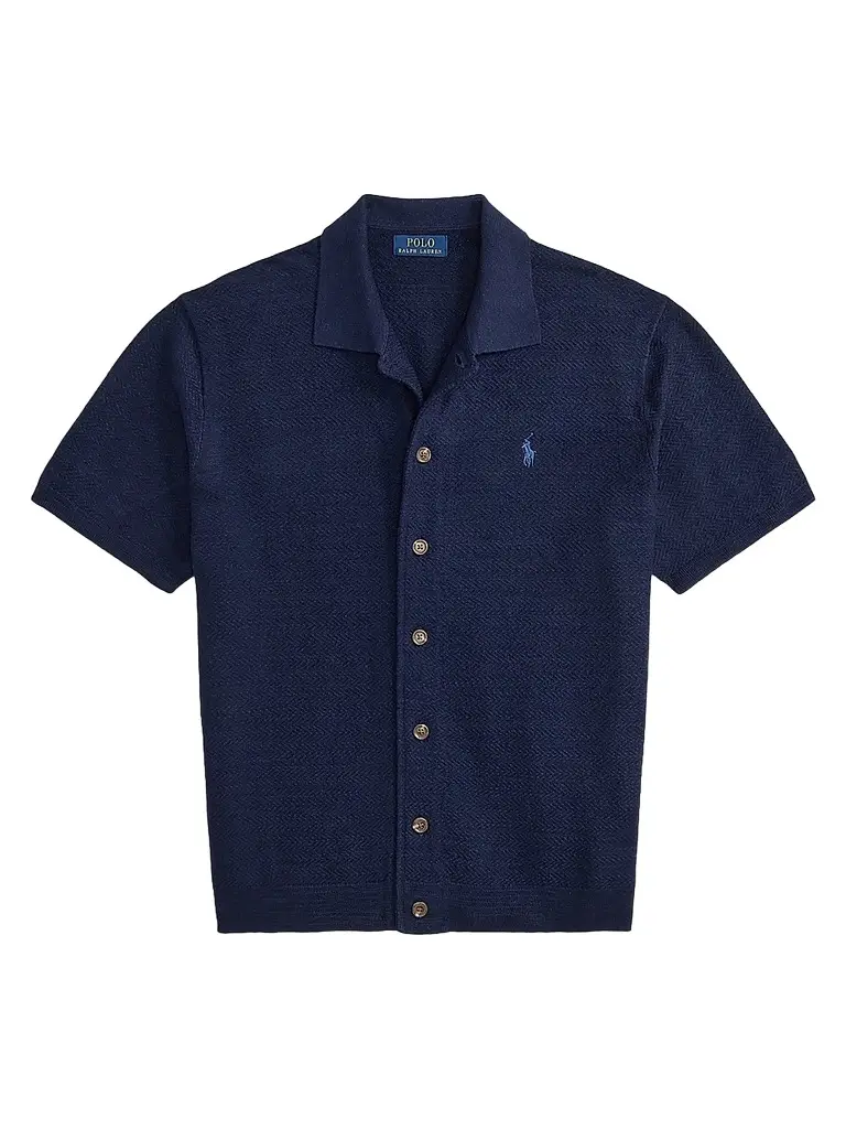Polo Ralph Lauren Men's Herringbone Cotton-Linen Short-Sleeve Cardigan - Bright Navy - Size XXL | Image 1 Polo Ralph Lauren Men's Herringbone Cotton-Linen Short-Sleeve Cardigan - Bright Navy - Size XXL | Image 1