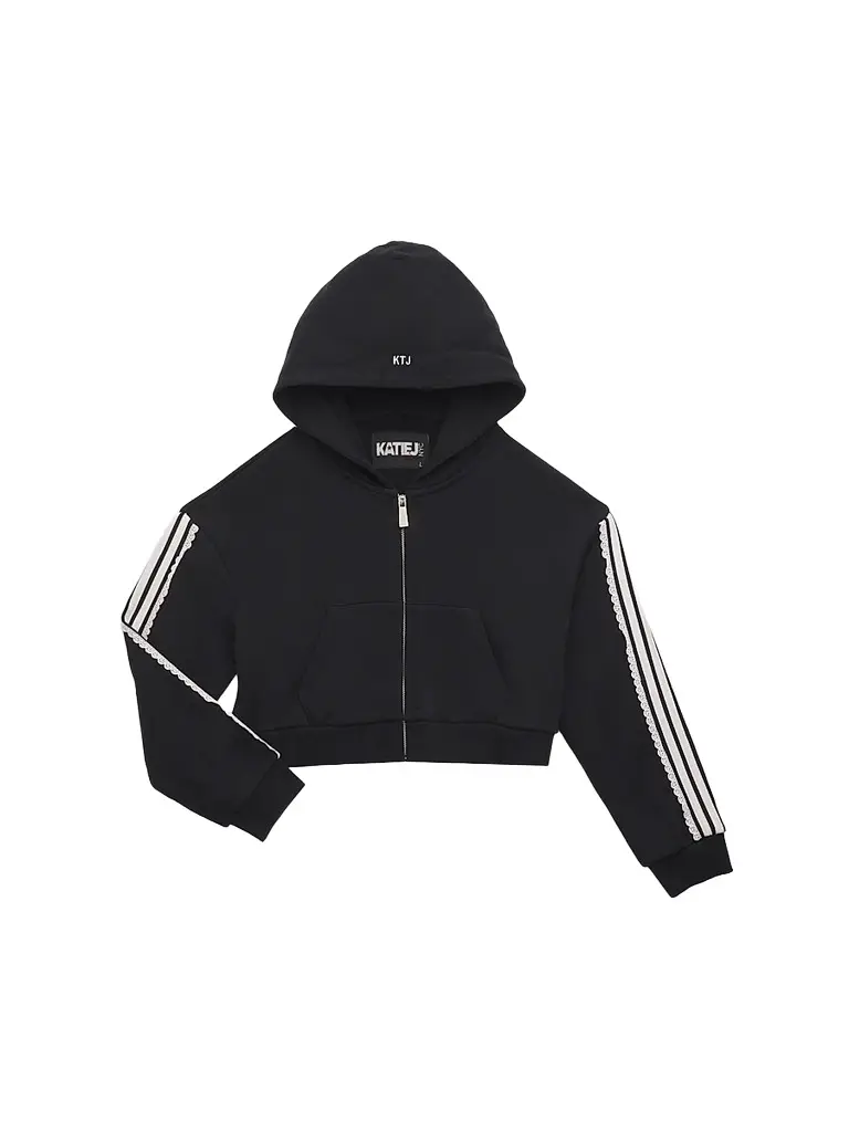 KatieJ NYC Girl's Tommy Crop Track Hoodie - Black | Image 1 KatieJ NYC Girl's Tommy Crop Track Hoodie - Black | Image 1