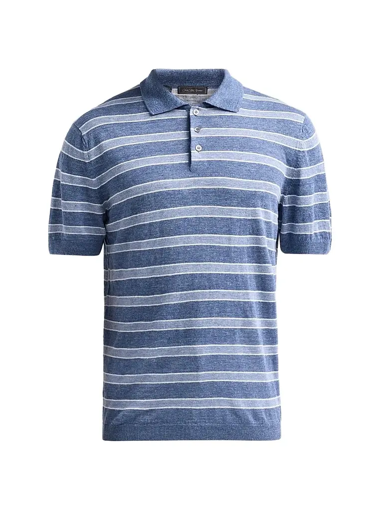 Saks Fifth Avenue Men's COLLECTION Linen Striped Polo Shirt - Navy - Size XXL | Image 1 Saks Fifth Avenue Men's COLLECTION Linen Striped Polo Shirt - Navy - Size XXL | Image 1
