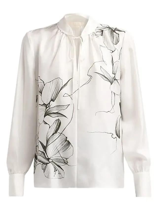 Women's Shadow Floral Silk Twill Tieneck Blouse