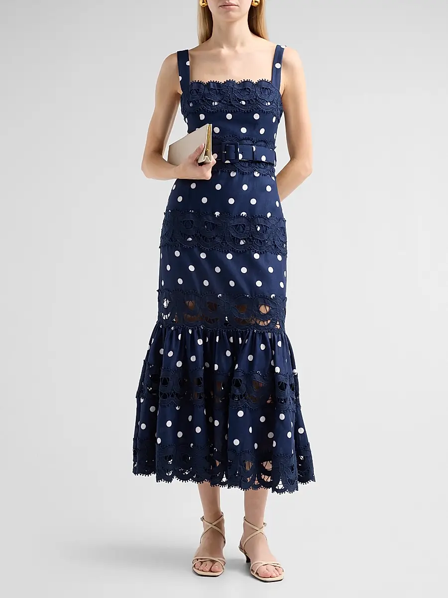Self-Portrait Women's Polka Dot Linen & Lace Midi Dress | Thumbnail 2 Self-Portrait Women's Polka Dot Linen & Lace Midi Dress | Thumbnail 2
