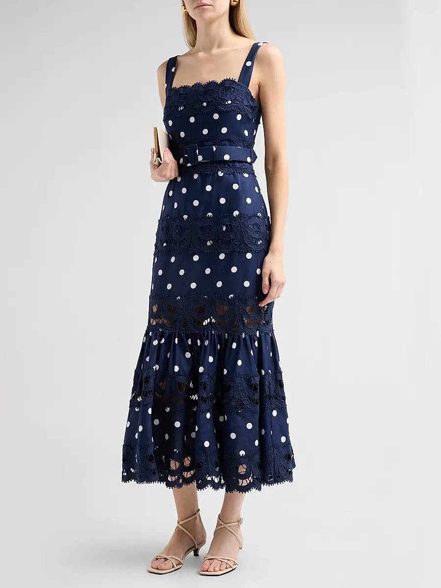 Self-Portrait Women's Polka Dot Linen & Lace Midi Dress | Thumbnail 4 Self-Portrait Women's Polka Dot Linen & Lace Midi Dress | Thumbnail 4