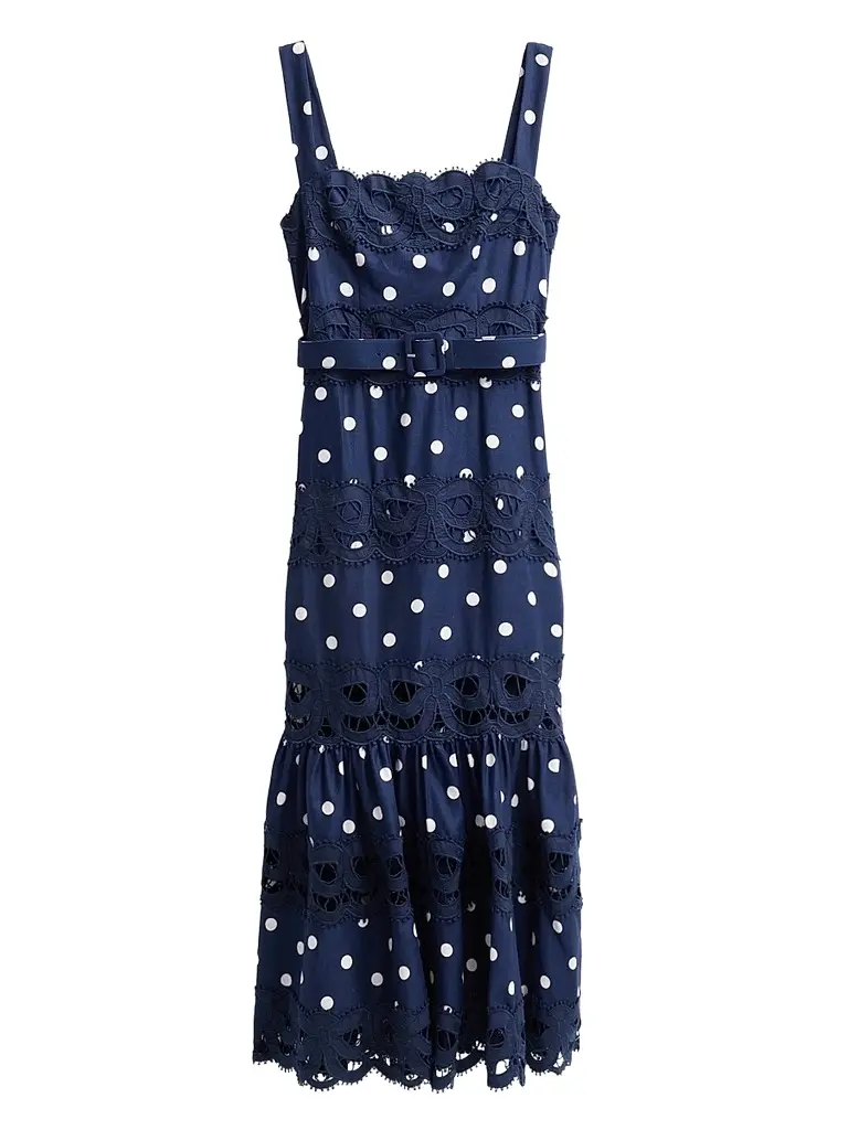 Self-Portrait Women's Polka Dot Linen & Lace Midi Dress - Navy - Size 10 | Image 1 Self-Portrait Women's Polka Dot Linen & Lace Midi Dress - Navy - Size 10 | Image 1