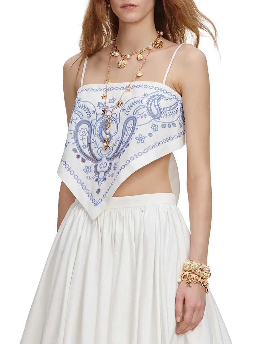 Self-Portrait Women's Bandana Embroidered Linen-Cotton Crop Top | Thumbnail 4 Self-Portrait Women's Bandana Embroidered Linen-Cotton Crop Top | Thumbnail 4