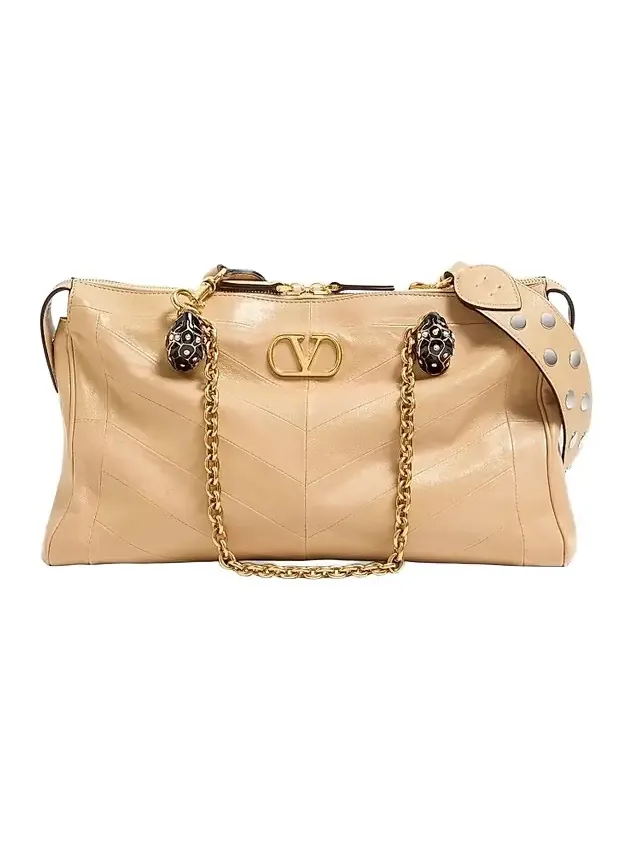 Valentino Women's Panthea Shoulder Bag in Nappa Leather with Chevron Pattern - Gold Beige