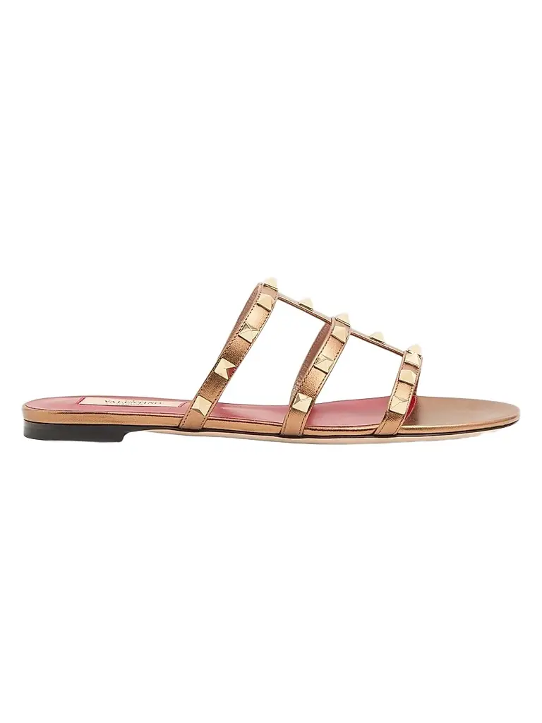 Valentino Garavani Women's Rockstud Laminated Nappa Slide Sandals - Gold - Size 9 | Image 1 Valentino Garavani Women's Rockstud Laminated Nappa Slide Sandals - Gold - Size 9 | Image 1