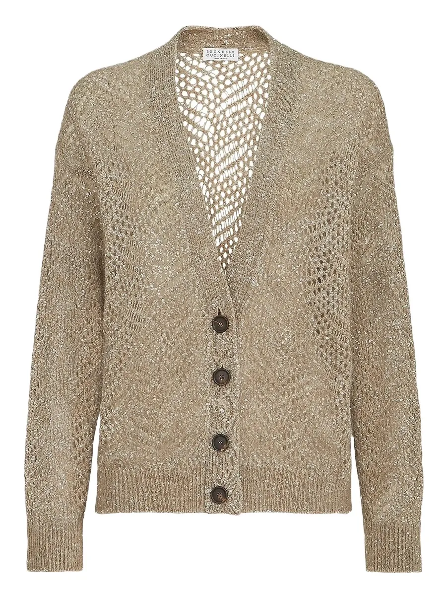 Brunello Cucinelli Women's Dazzling Abstract Leaf Cardigan in Mohair and Wool - Light Brown