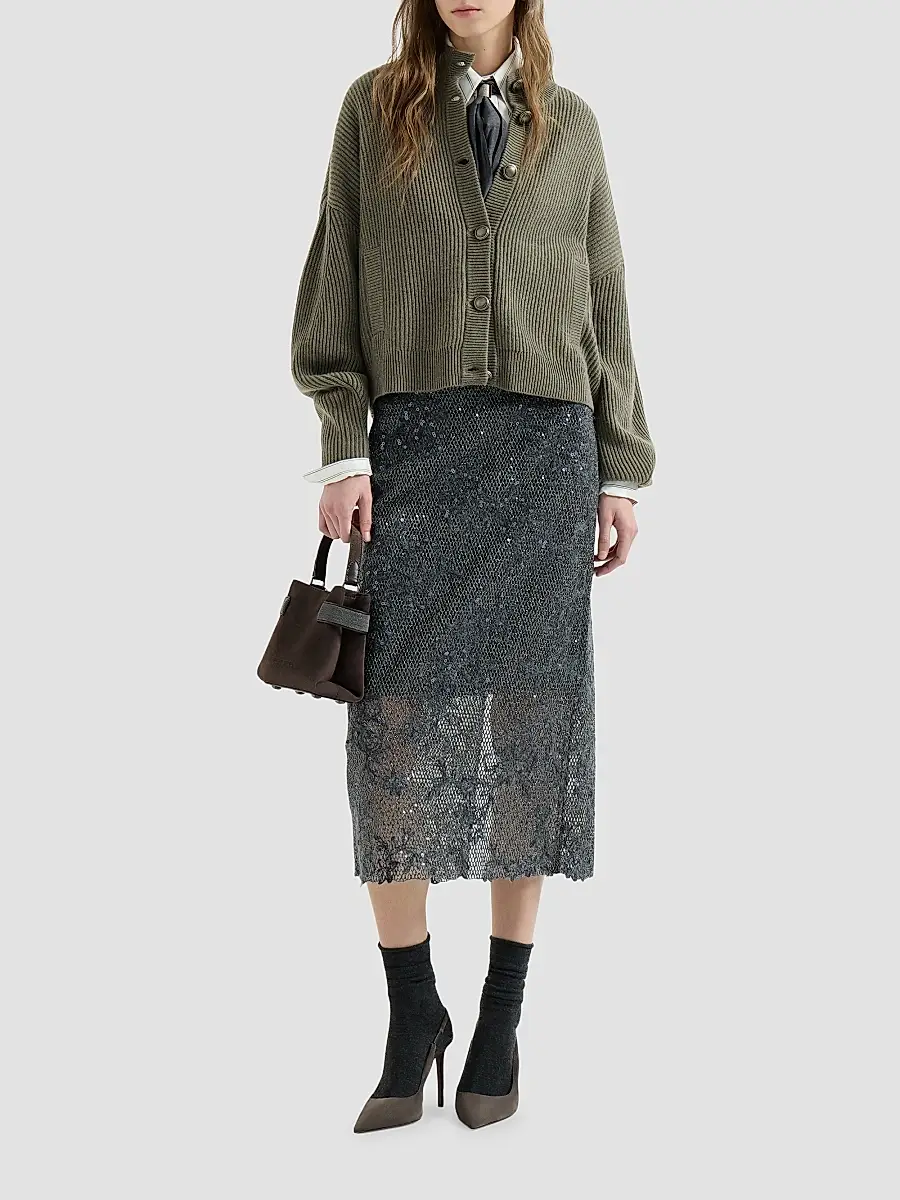 Brunello Cucinelli Women's Cashmere English Rib Cardigan with Monili - Origano | Thumbnail 2 Brunello Cucinelli Women's Cashmere English Rib Cardigan with Monili - Origano | Thumbnail 2