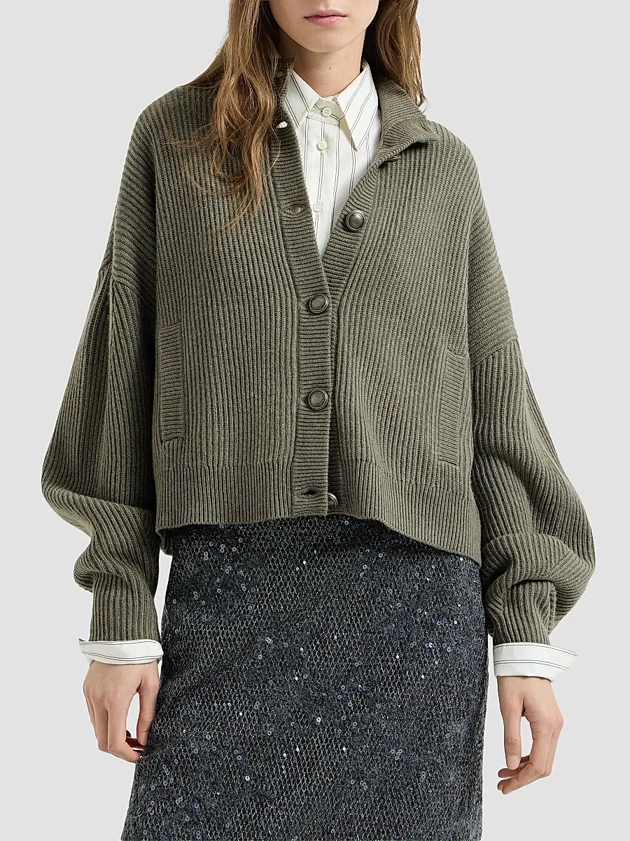 Brunello Cucinelli Women's Cashmere English Rib Cardigan with Monili - Origano | Thumbnail 3 Brunello Cucinelli Women's Cashmere English Rib Cardigan with Monili - Origano | Thumbnail 3