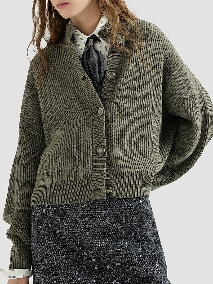 Brunello Cucinelli Women's Cashmere English Rib Cardigan with Monili - Origano | Thumbnail 6 Brunello Cucinelli Women's Cashmere English Rib Cardigan with Monili - Origano | Thumbnail 6
