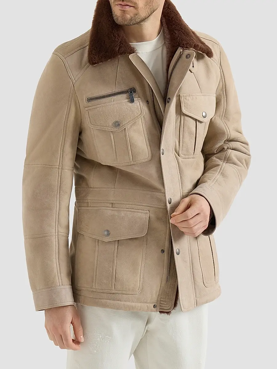 Brunello Cucinelli Men's Waxed Shearling Safari Jacket | Thumbnail 2