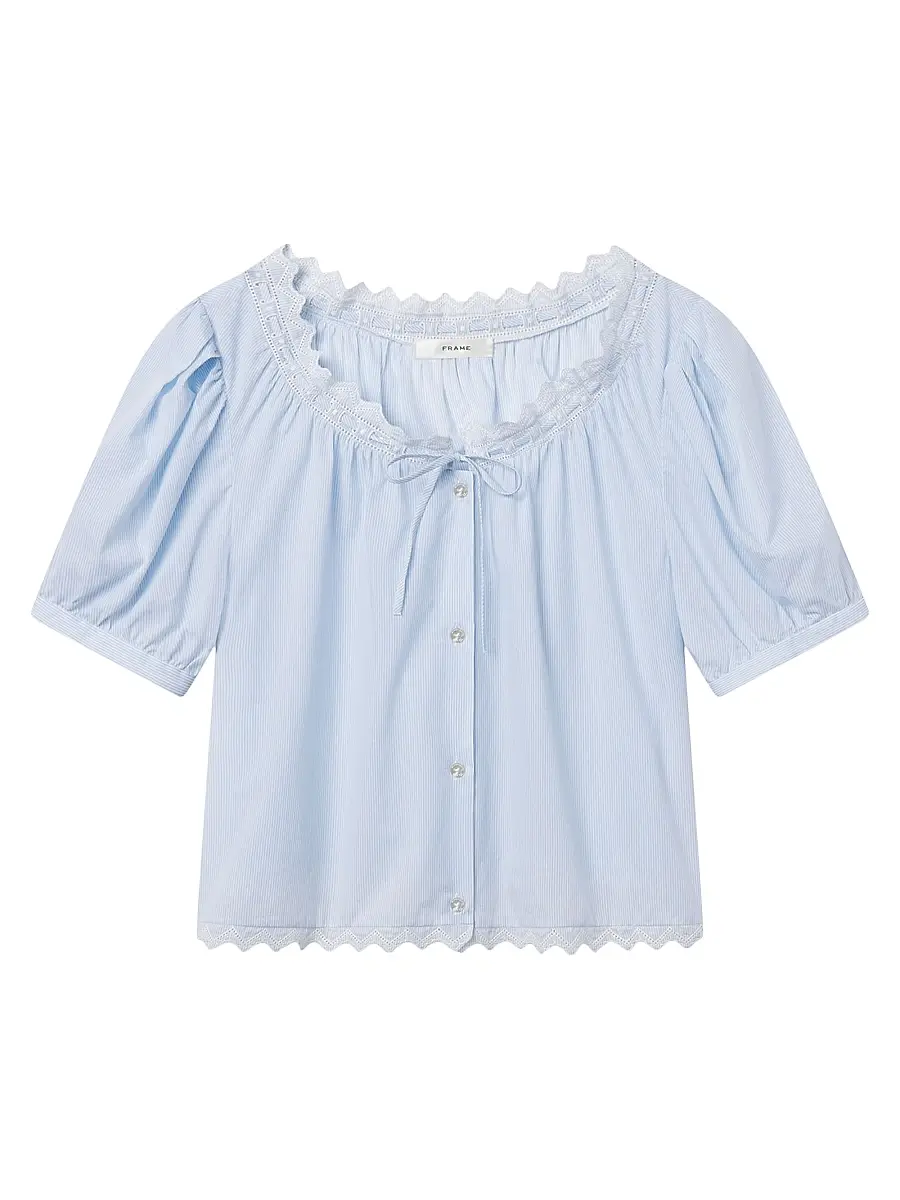 Frame Women's The Serene Striped Cotton Top - Powder Blue Multi | Image 1 Frame Women's The Serene Striped Cotton Top - Powder Blue Multi | Image 1