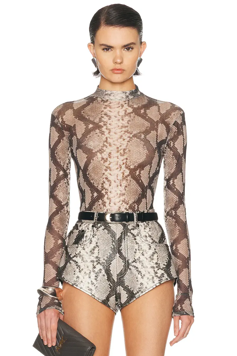 Printed Mesh Mock Neck Bodysuit Printed Mesh Mock Neck Bodysuit