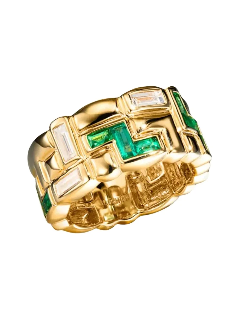 18K Yellow Gold Half Emerald and Diamond Arcade Icon Ring 18K Yellow Gold Half Emerald and Diamond Arcade Icon Ring