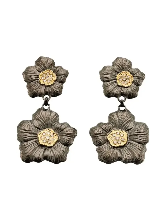 Blossom Gardenia Burnished Silver, Gold, Brown Diamond Drop Earrings Blossom Gardenia Burnished Silver, Gold, Brown Diamond Drop Earrings