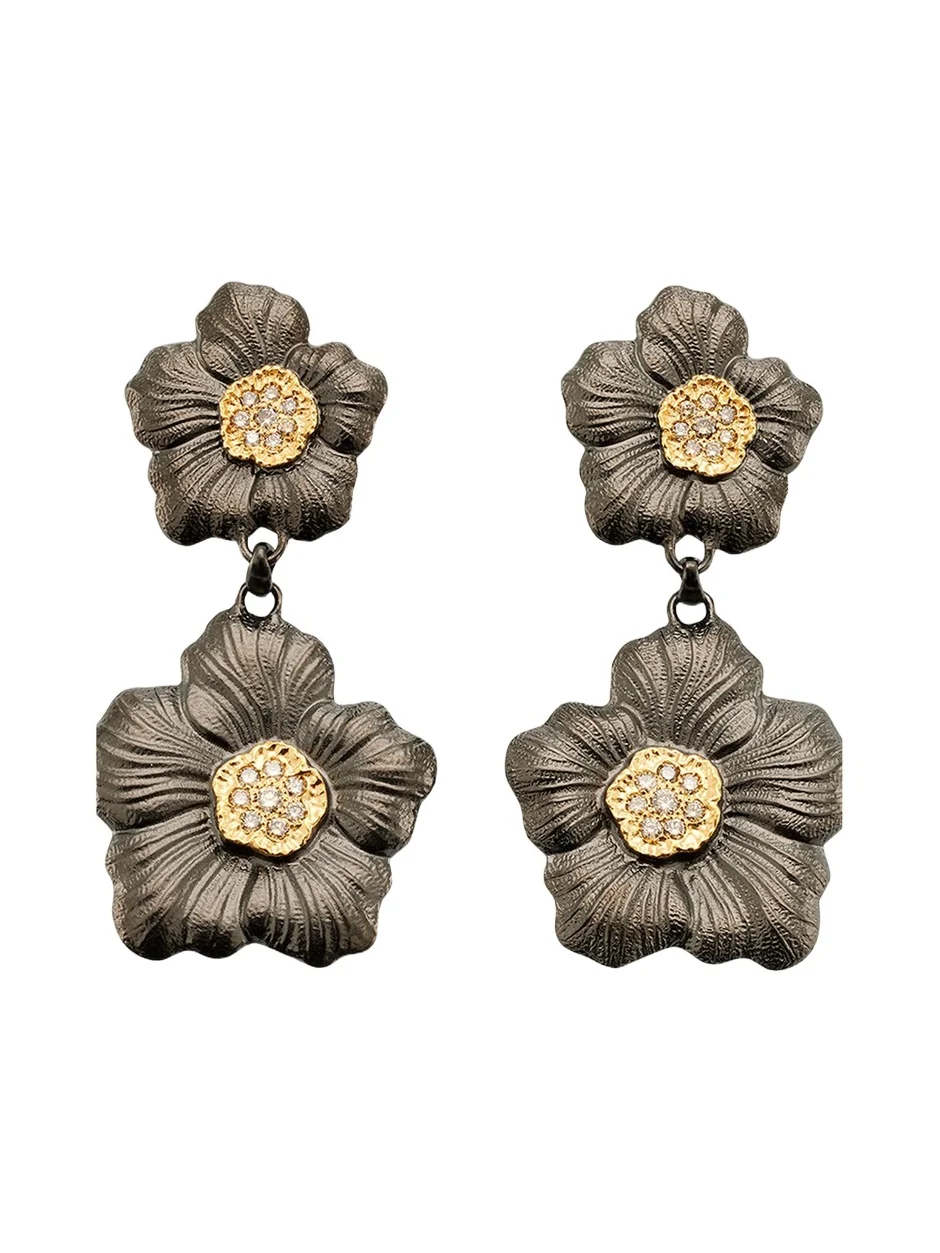 Buccellati Blossom Gardenia Burnished Silver, Gold, Brown Diamond Drop Earrings