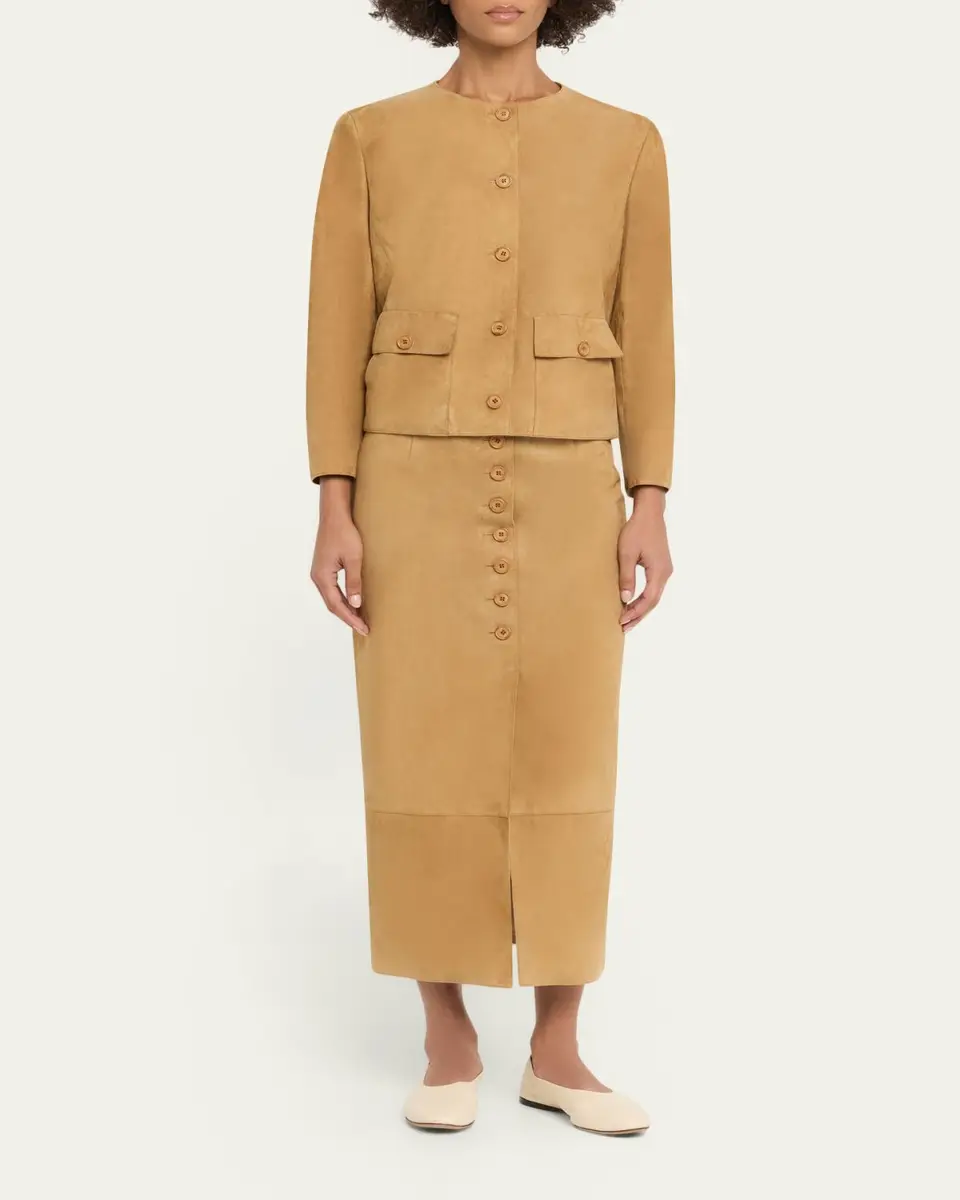 Akris Suede Button-Front Midi Skirt | Thumbnail 2