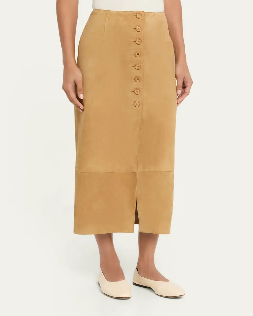 Akris Suede Button-Front Midi Skirt | Thumbnail 4
