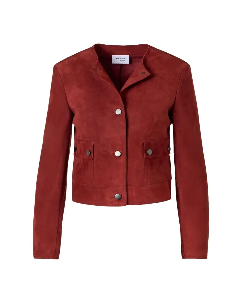 Akris punto Single-Breasted Suede Collarless Jacket | Image 1 Akris punto Single-Breasted Suede Collarless Jacket | Image 1