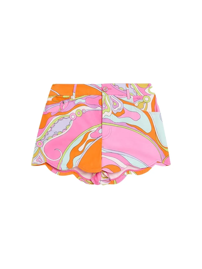 PUCCI Tela Orchidee-Print Cotton Scalloped Shorts