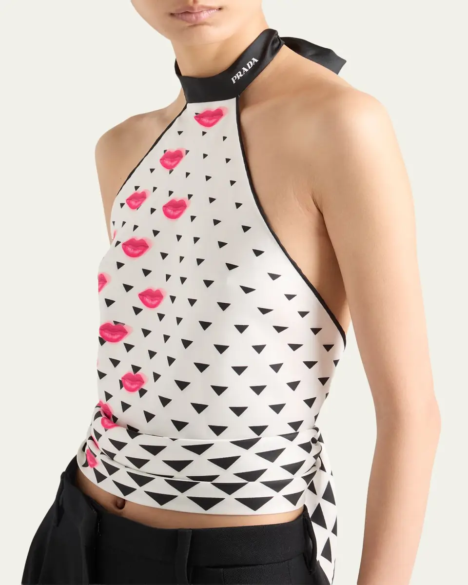 Prada Lips-Print Backless Silk Twill Halter Top | Thumbnail 2