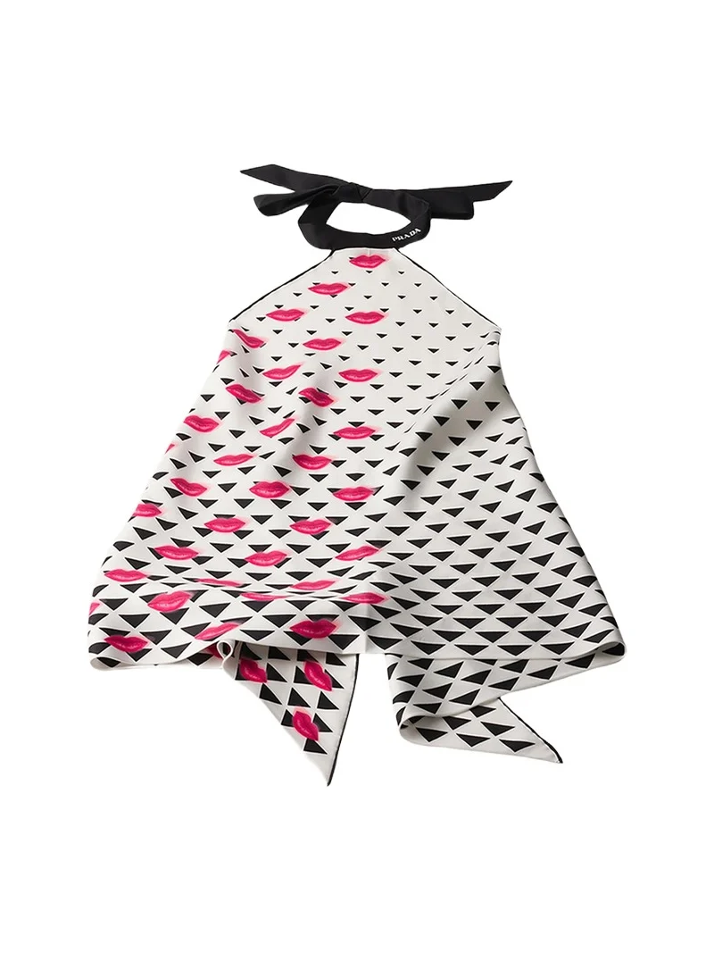 Prada Lips-Print Backless Silk Twill Halter Top