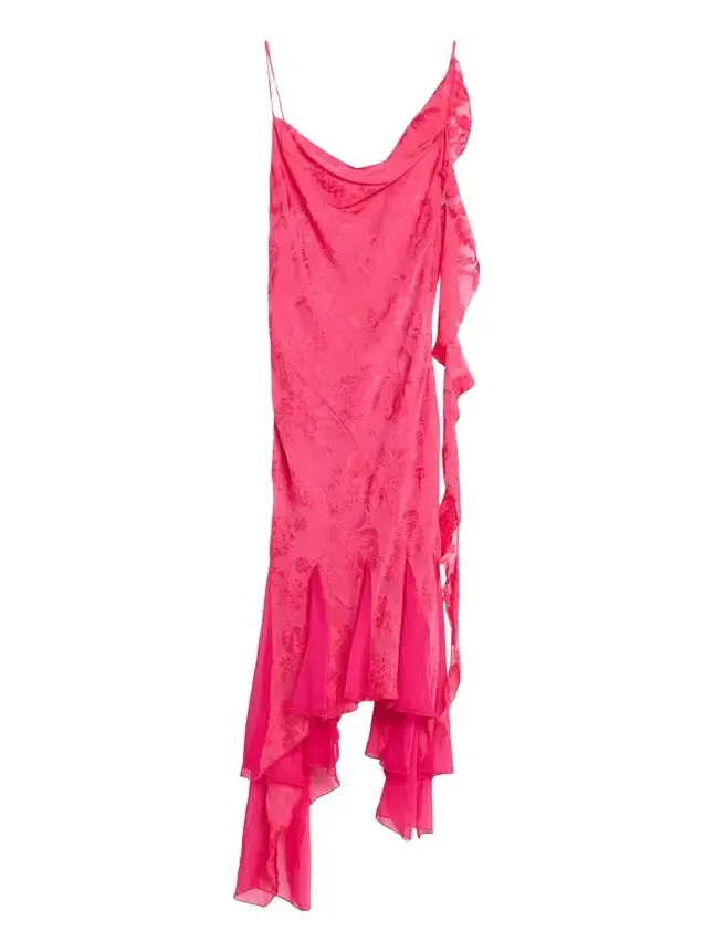 Aeris Draped Floral Jacquard Godet Midi Dress