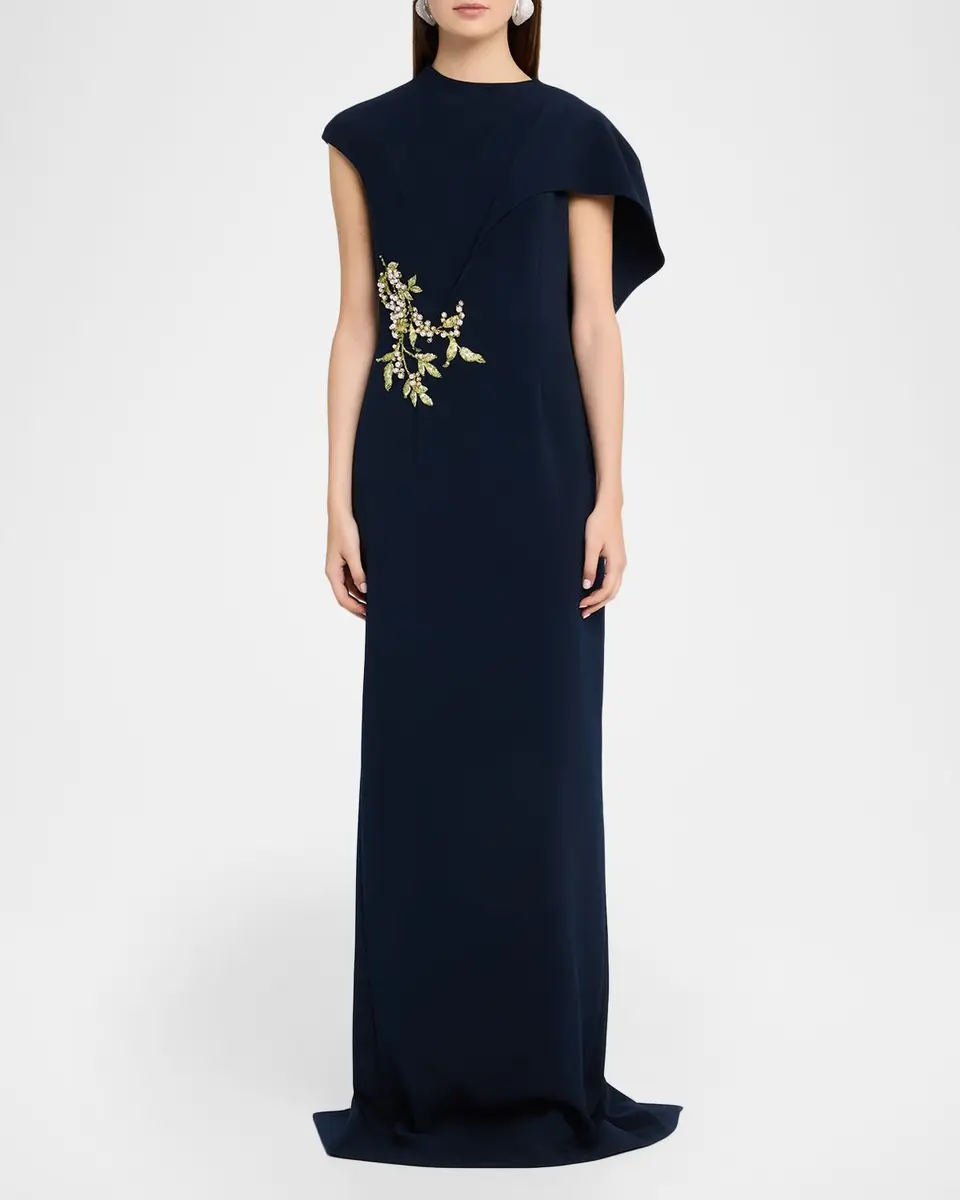 Rickie Freeman for Teri Jon Floral-Embroidered Asymmetric Capelet Gown | Thumbnail 2 Rickie Freeman for Teri Jon Floral-Embroidered Asymmetric Capelet Gown | Thumbnail 2