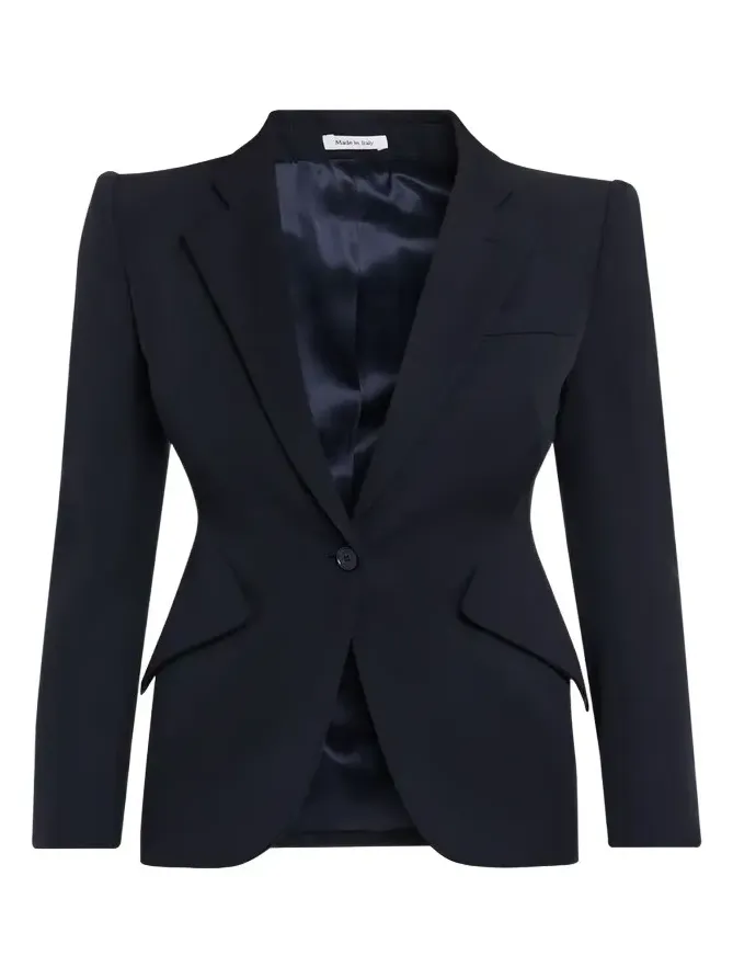 Peaked Shoulder Crepe Single-Button Jacket