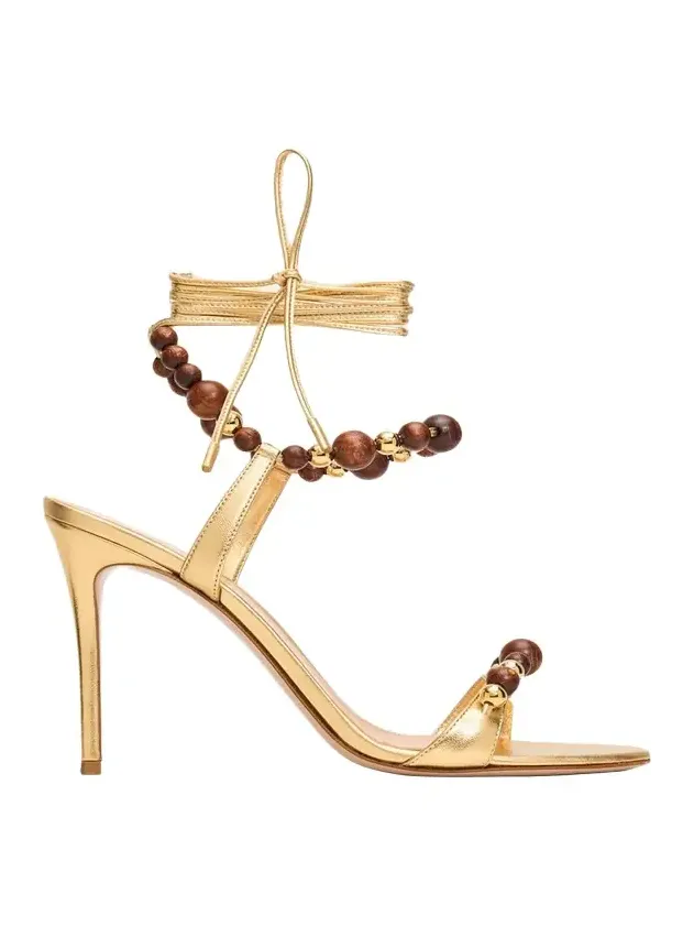 95mm Beaded Metallic Nappa Leather Ankle-Tie Sandals