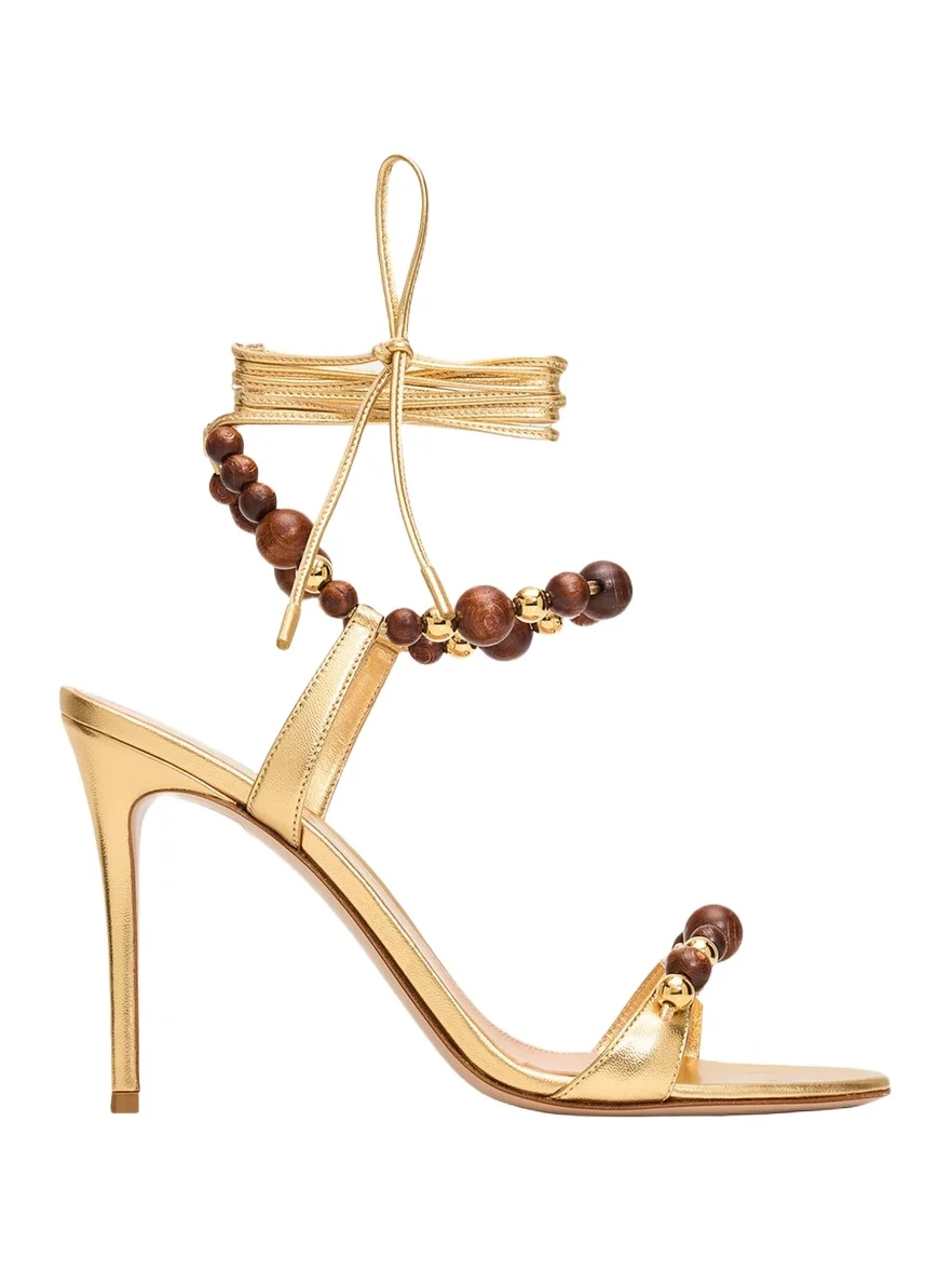 95mm Beaded Metallic Nappa Leather Ankle-Tie Sandals 95mm Beaded Metallic Nappa Leather Ankle-Tie Sandals