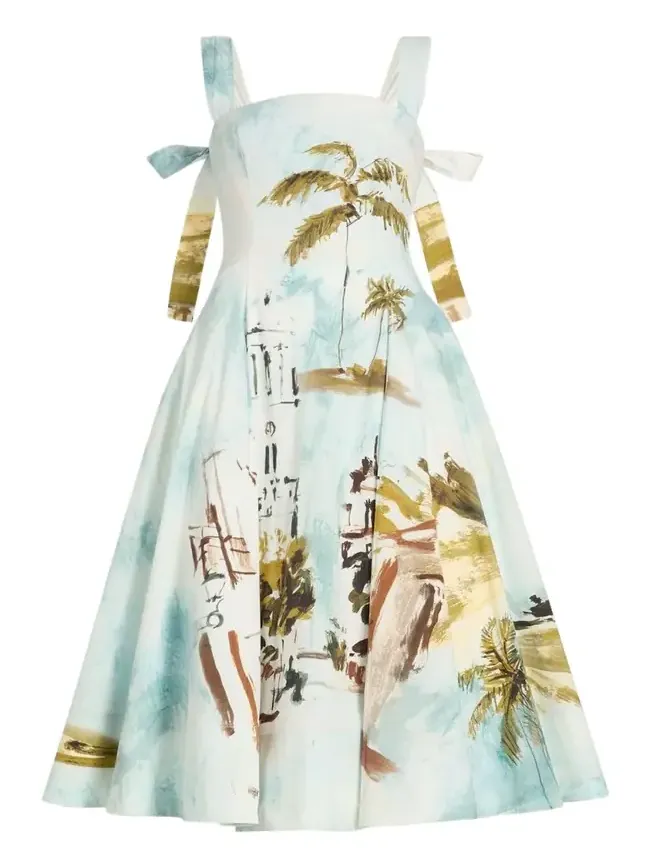 Sleeveless Landscape-Print Poplin Midi Dress