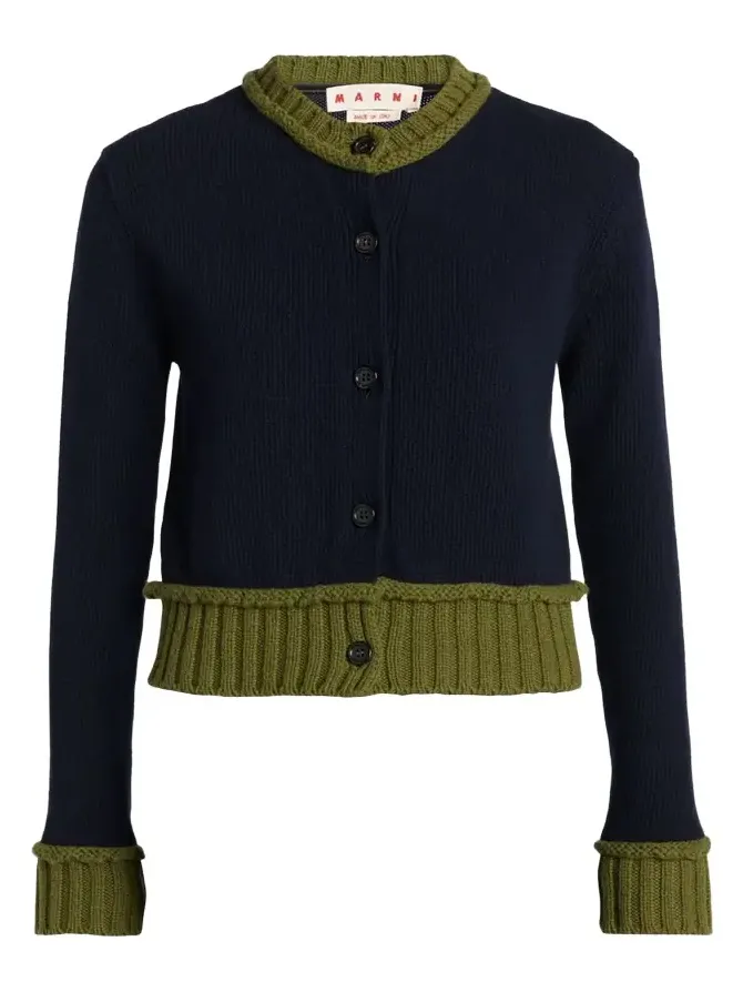 Wool-Blend Contrast-Trim Cardigan