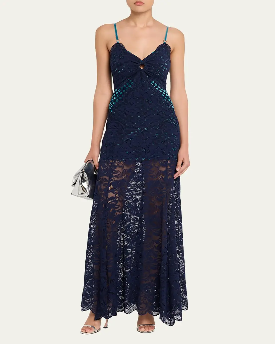 Rabanne Long Lace V-Neck Sleeveless Dress | Thumbnail 2 Rabanne Long Lace V-Neck Sleeveless Dress | Thumbnail 2