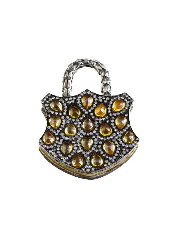 24K Yellow Gold and Silver Diamond and Sapphire Padlock Pendant