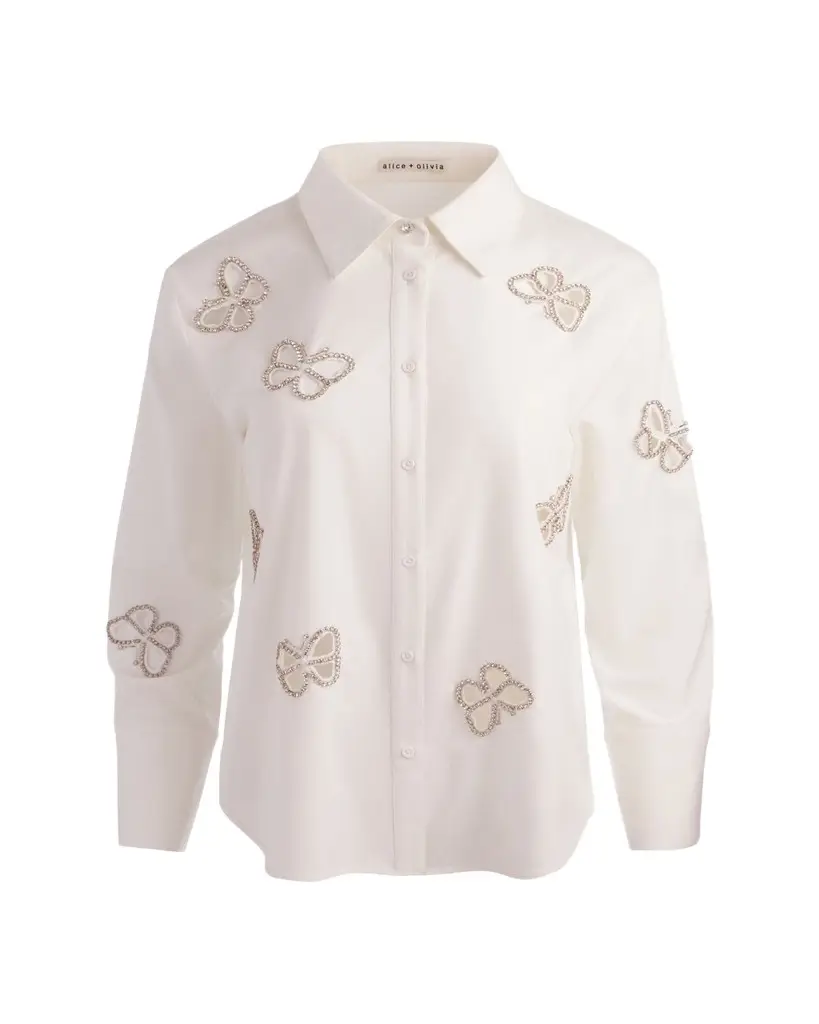 ALICE + OLIVIA Finely Embellished Cutout Button-Front Shirt | Image 1 ALICE + OLIVIA Finely Embellished Cutout Button-Front Shirt | Image 1